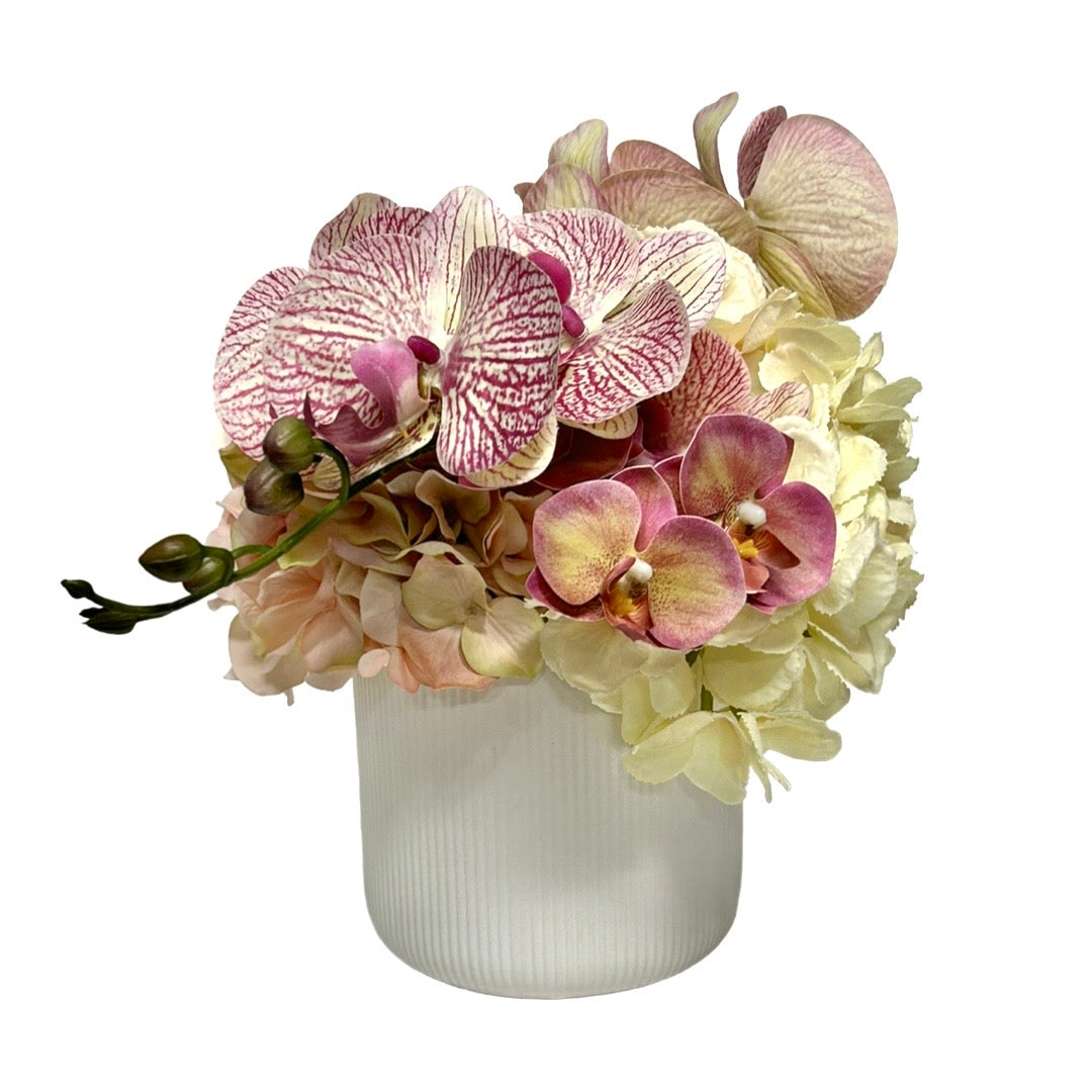 Orchids and Hydrangea in White Striped Pot