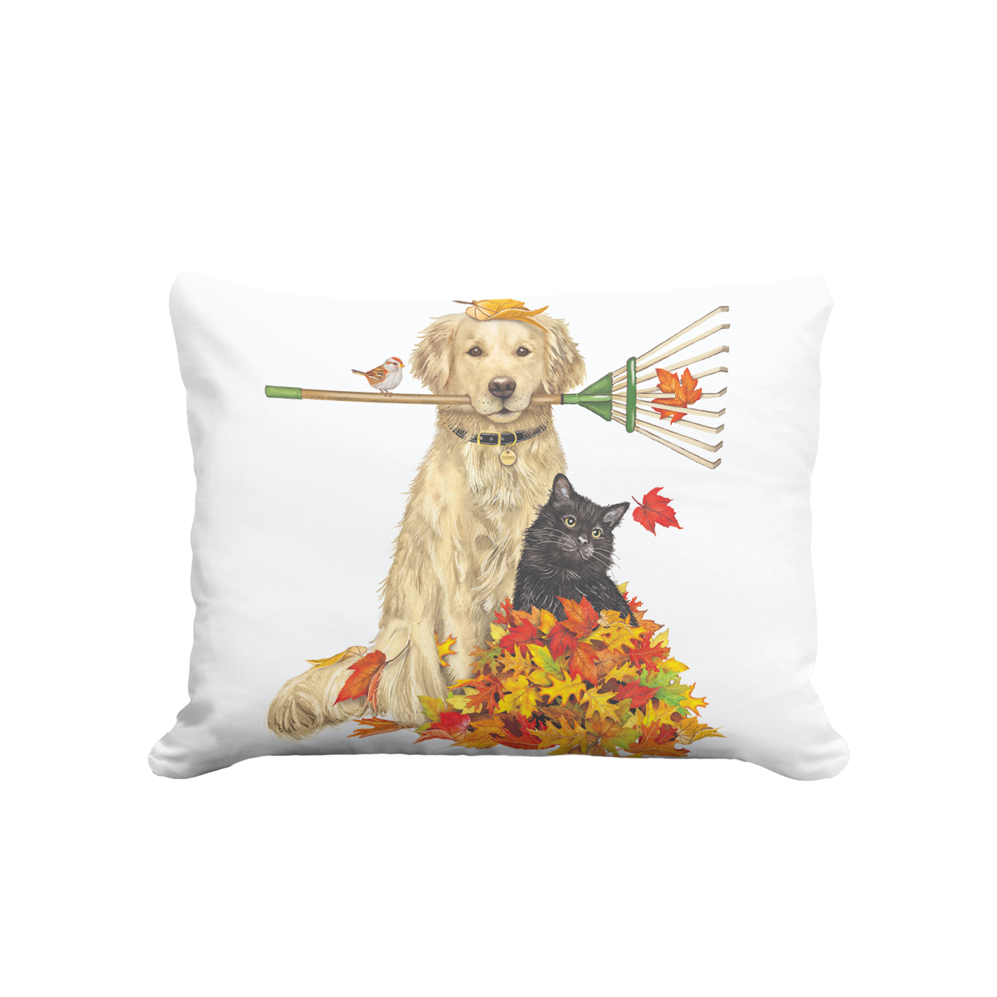 Dog and Cat Raking Leaves Pillow