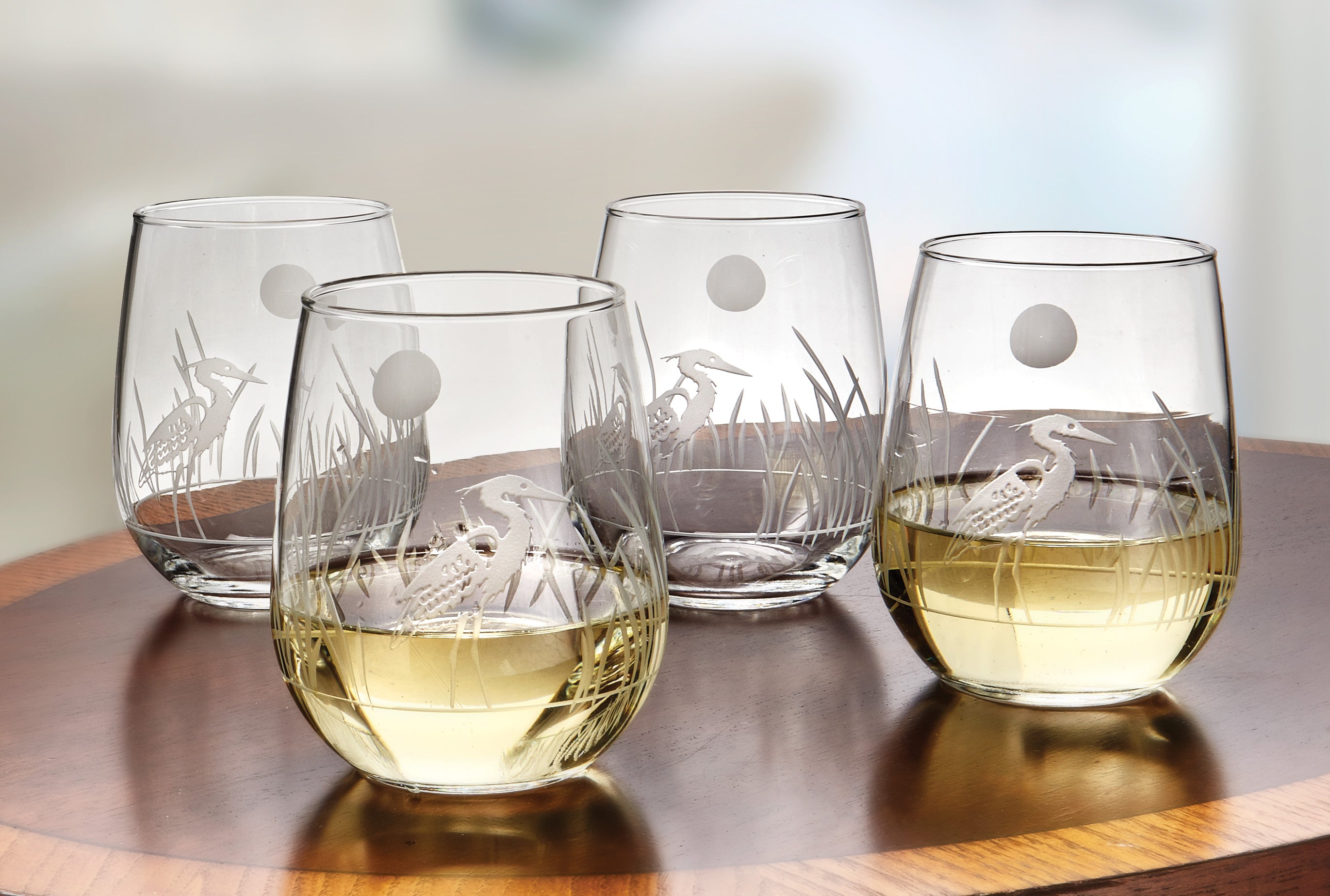 Heron Etched Stemless Wine Glasses - Set of 4